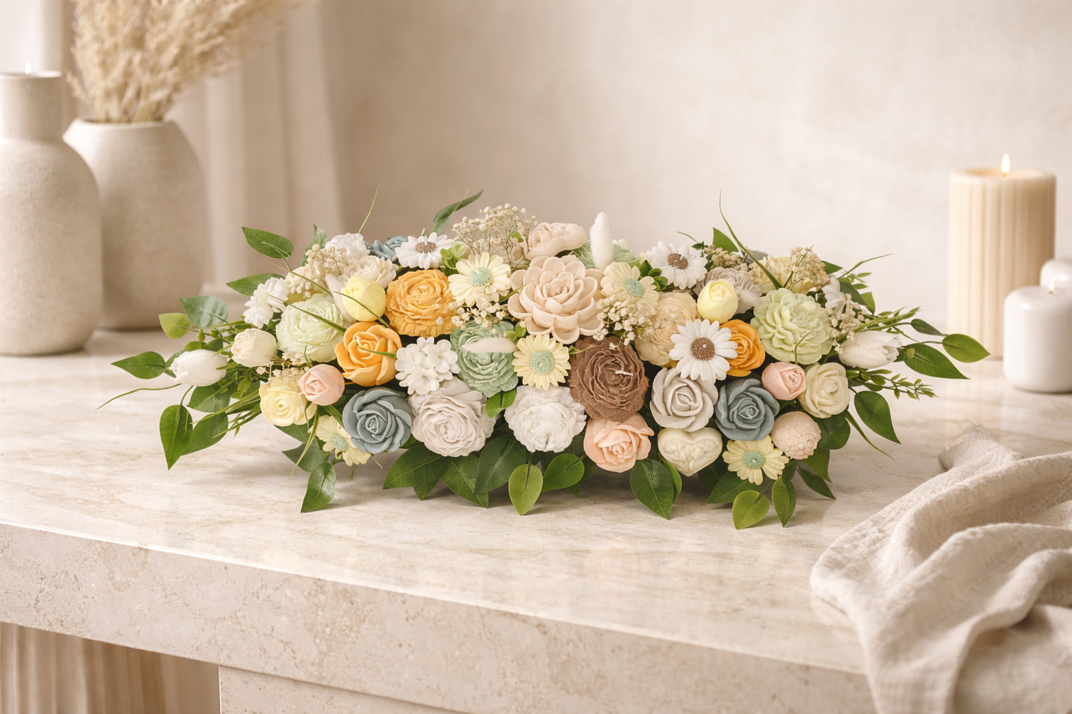 Centro de mesa de flores de cera artesanal para bodas y eventos, un regalo original para decoración hecho a mano en Barcelona.