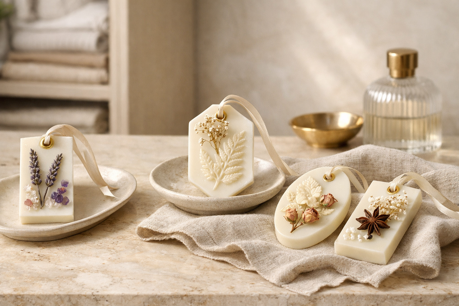 Colección de wax tablets aromáticas de lujo elaboradas con cera de soja natural y botánicos secos, ambientadores elegantes para armarios y cajones del hogar, diseño artesanal premium A Toda Vela BCN estilo editorial de revista.