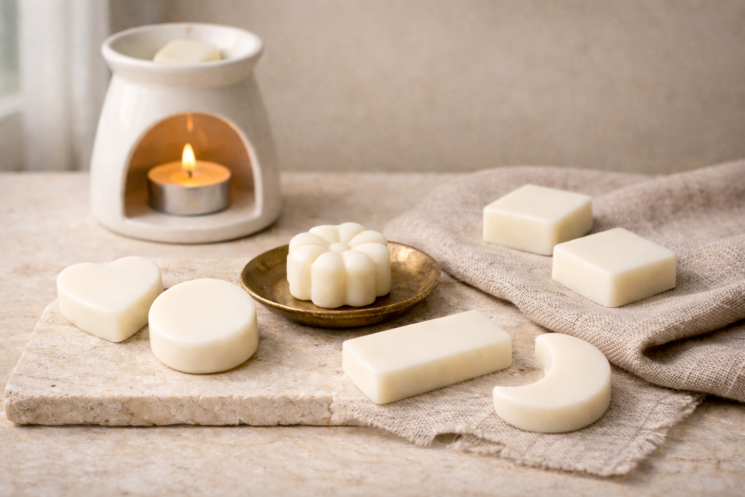 Colección de wax melts aromáticos de lujo para quemador elaborados con cera de soja natural, pastillas perfumadas para ambientar el hogar, fragancias premium para salón y dormitorio A Toda Vela BCN estilo fotografía editorial.