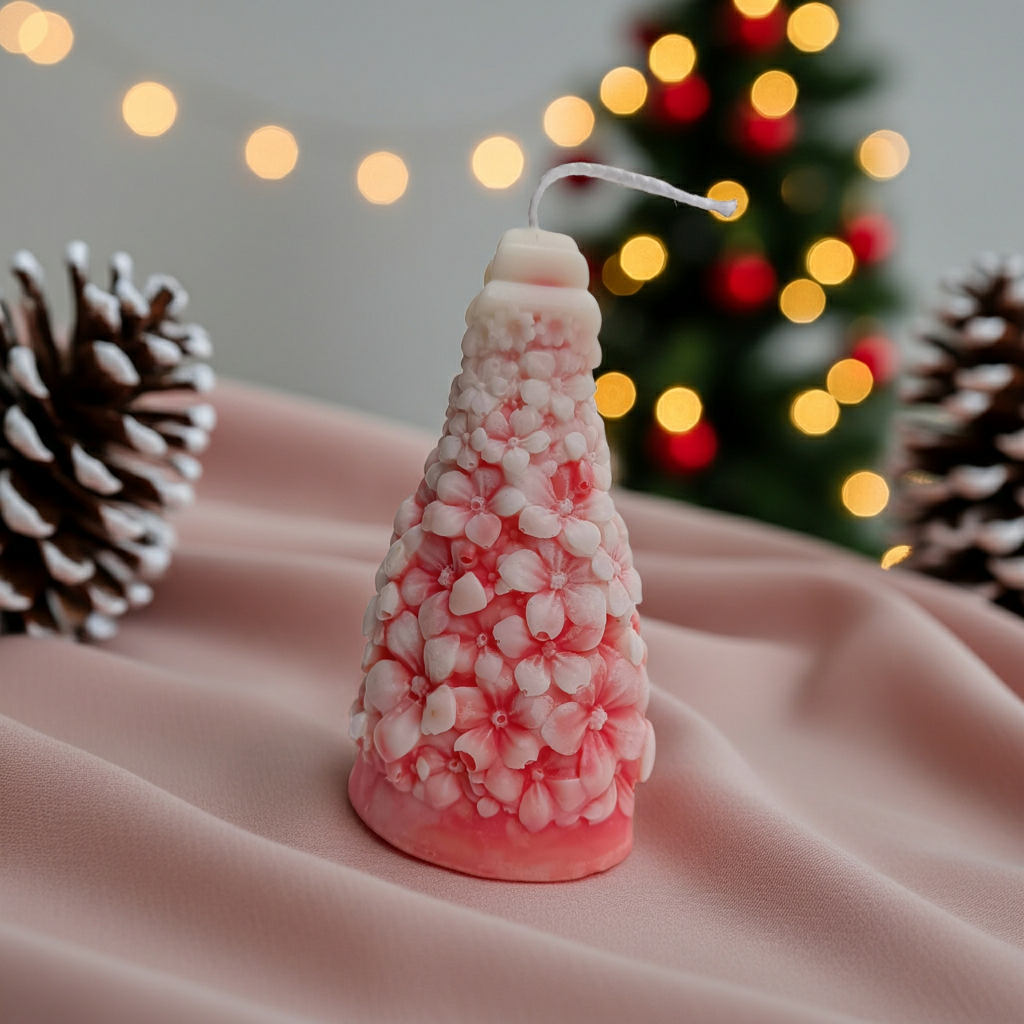 Vela artesanal decoración navidad en forma de árbol floral nevado rosa sobre un fondo de tela con luces bokeh.