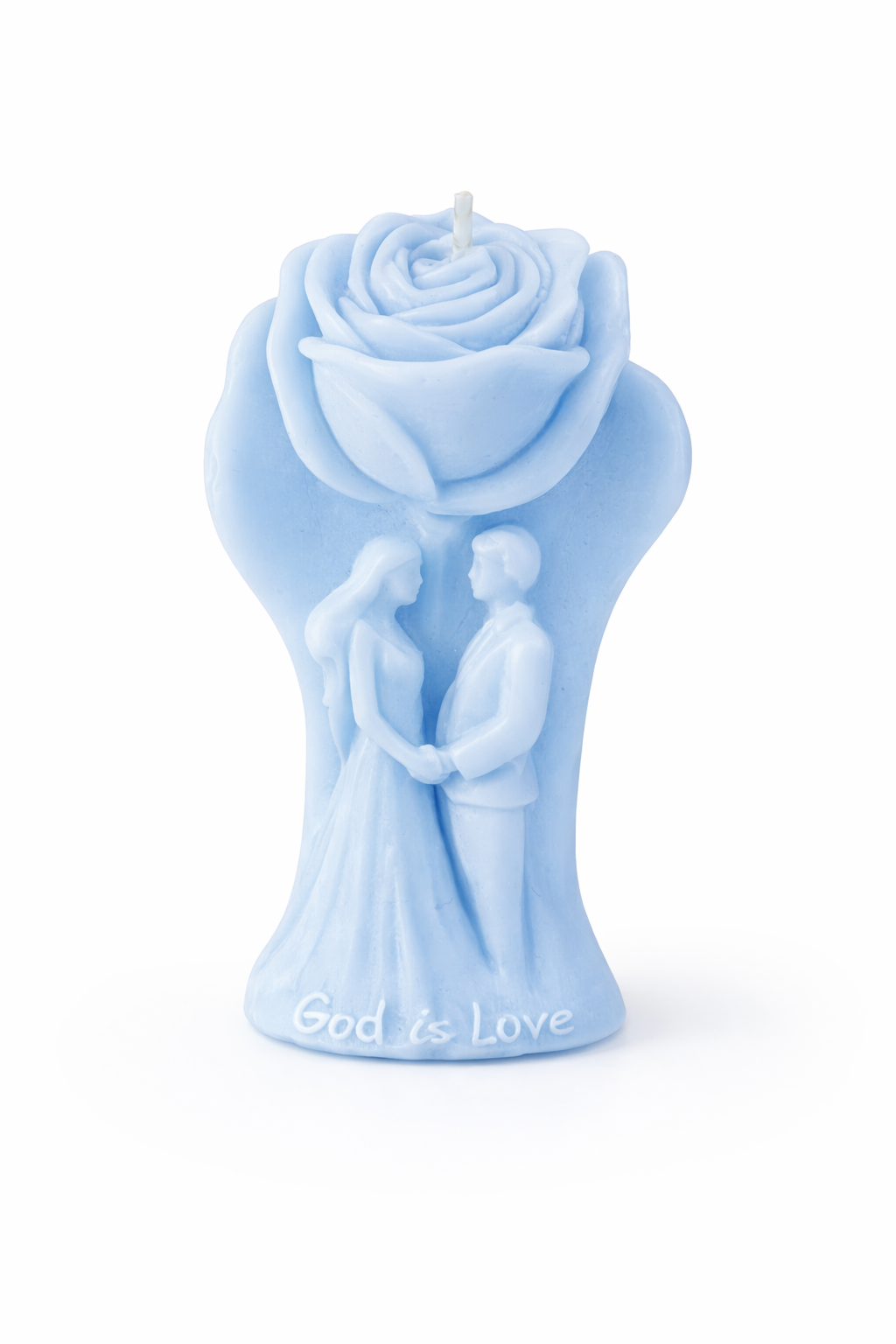 Vela escultórica romántica en color azul cielo con pareja de novios en relieve y rosa superior, elaborada en cera natural premium, diseño artístico con inscripción “God is Love”, pieza decorativa espiritual ideal para boda, aniversario o regalo elegante.