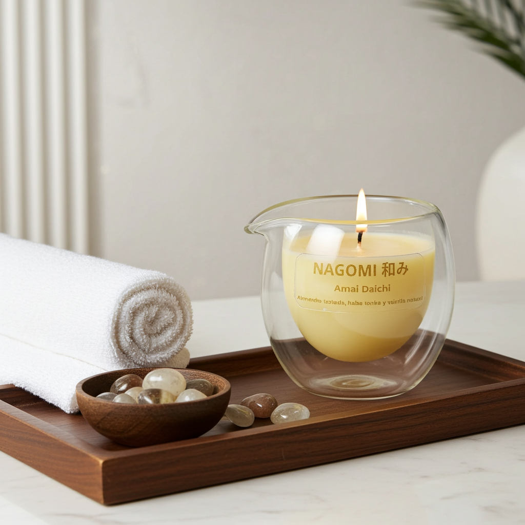 Vela aromática Amai Daichi colección Nagomi en vaso de cristal de doble pared, con aroma a almendra tostada, haba tonka y vainilla natural.