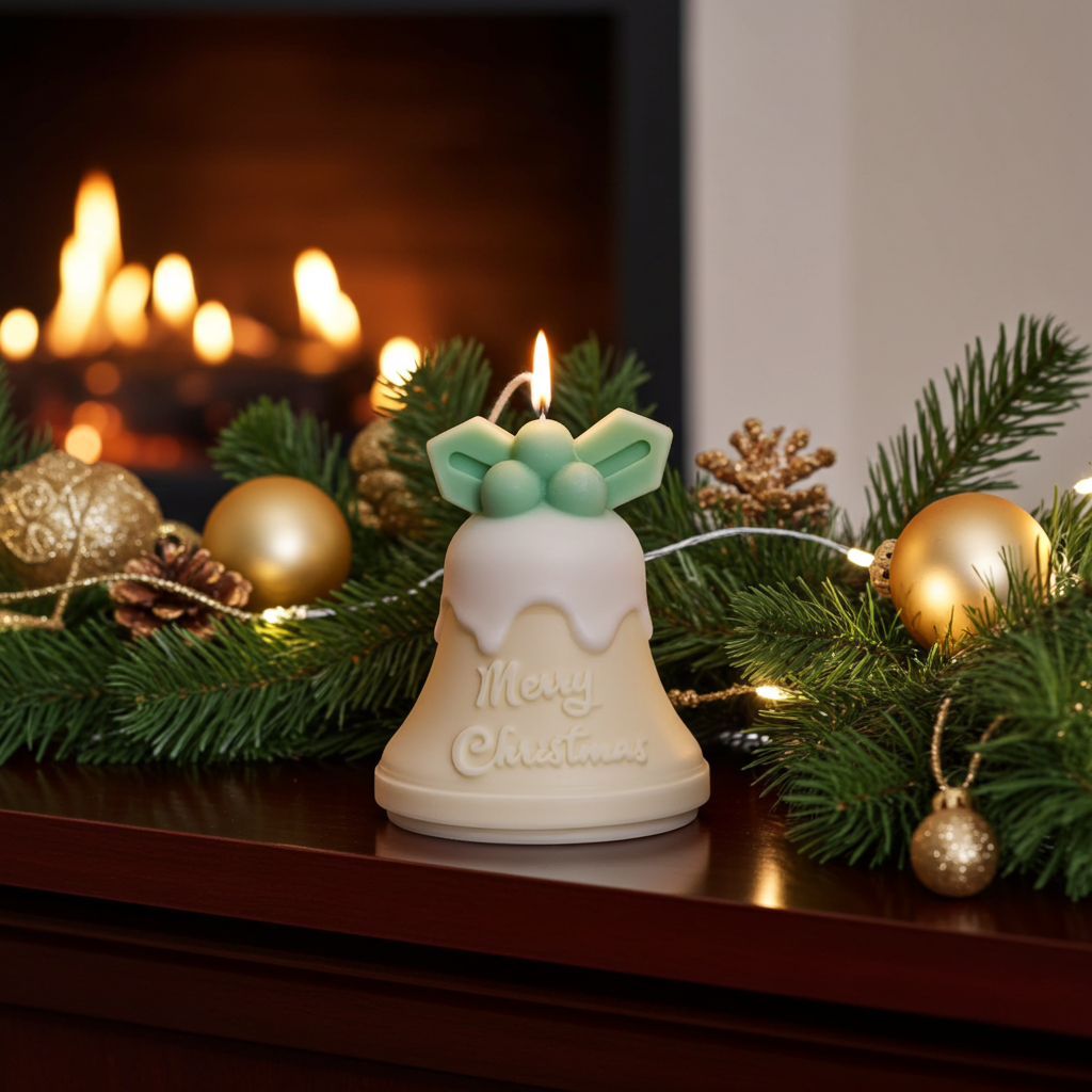 Vela Campana Navidad Acebo encendida, centro de mesa en repisa con decoración navideña dorada.