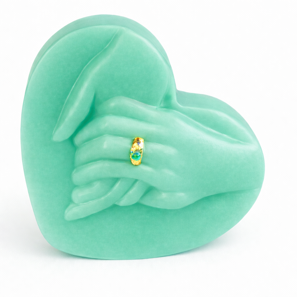 Vela decorativa corazón con manos unidas color verde esmeralda pastel, fabricada en cera natural premium, diseño escultórico moderno con detalle de anillo dorado, objeto artístico sofisticado para decoración boutique y espacios de alto nivel.