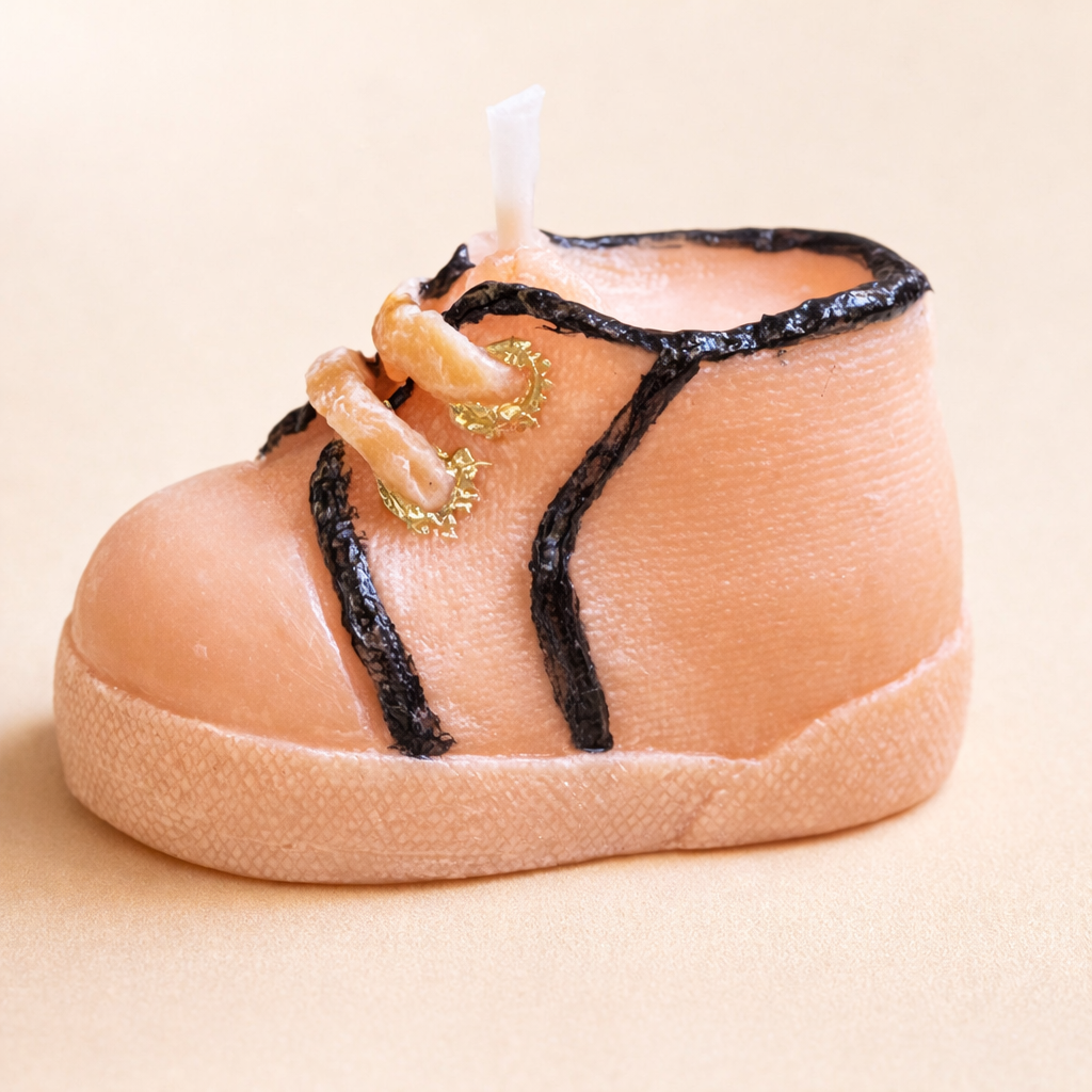 Vela decorativa artesanal en forma de zapatito de bebé color melocotón, realizada en cera natural con detalles en negro y dorado, fotografía de estudio minimalista con estética de lujo contemporáneo.