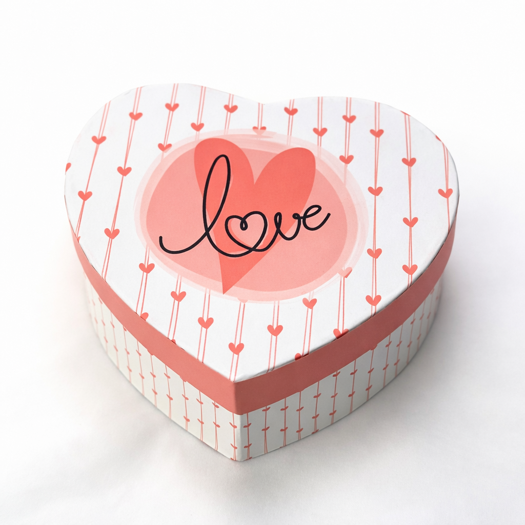 Packaging del centro Susurro, caja  con forma de corazón en tonos blancos y rosados, presentada como detalle romántico para pareja