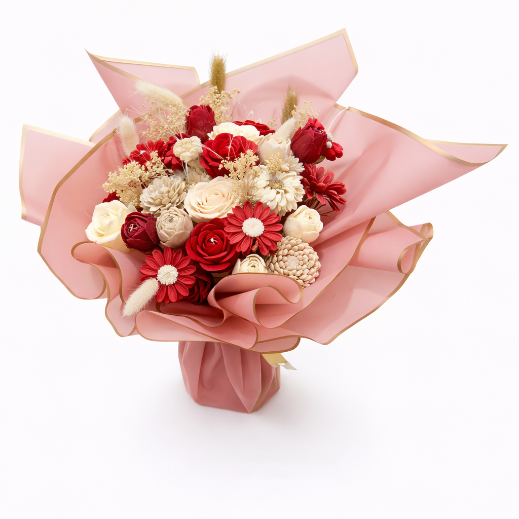 Ramo Amor Eterno de flores preservadas en tonos rojos y marfil, envuelto en papel rosa con acabado dorado, diseño romántico y elegante