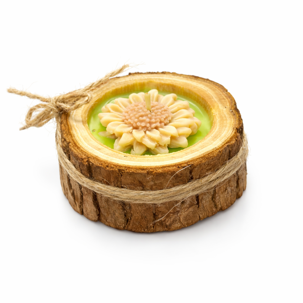 Recordatorio funerario de lujo en vela artesanal floral sobre base de madera natural, detalle con etiqueta rústica, estilo elegante y minimalista.