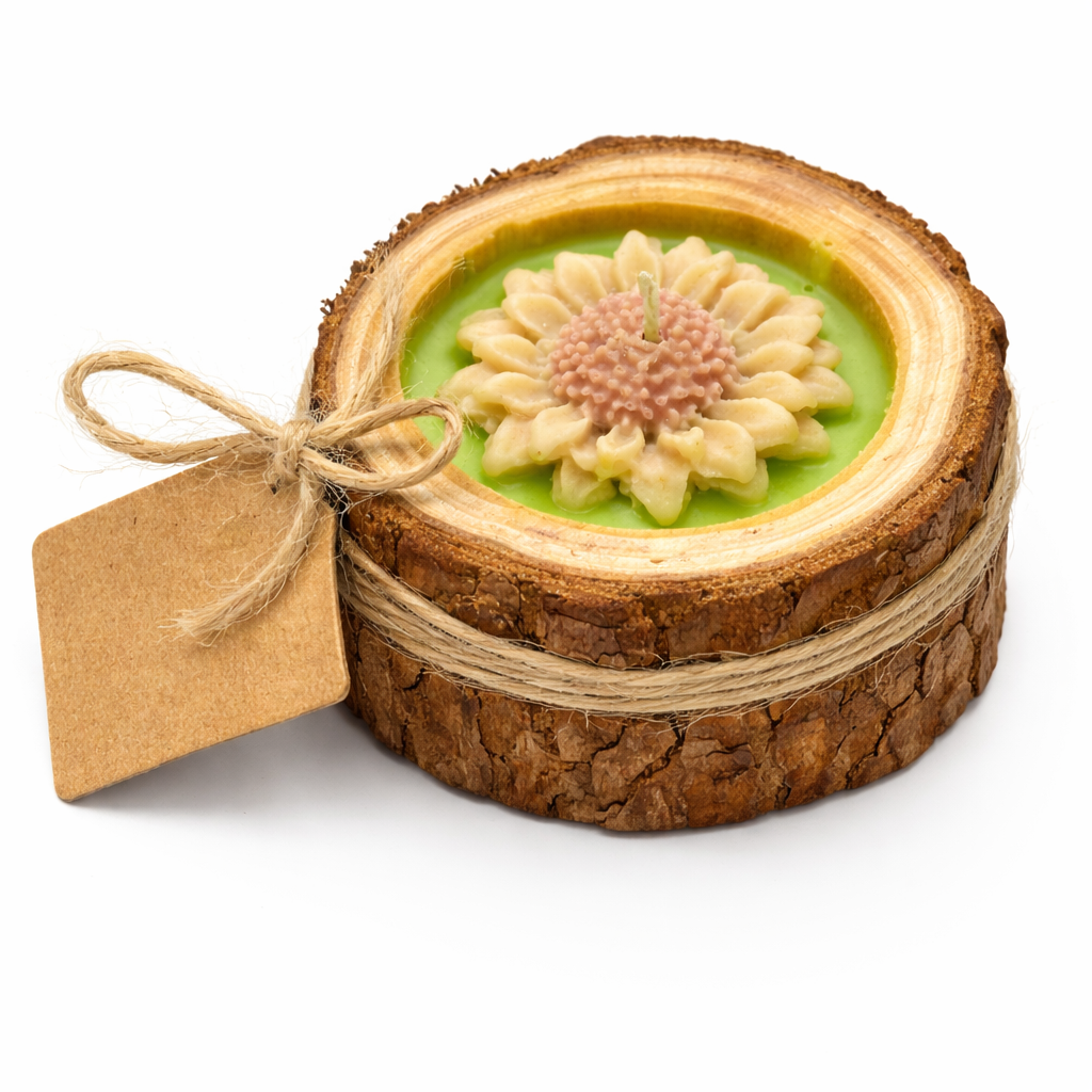 Vela conmemorativa artesanal con diseño floral en cera, recordatorio funerario elegante presentado en base de madera natural.
