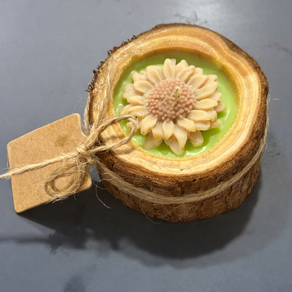Detalle de vela recuerdo de funeral hecha a mano, diseño floral en cera sobre soporte de madera, regalo conmemorativo sofisticado.