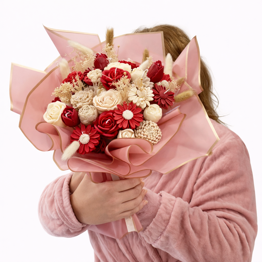 Ramo Amor Eterno de flores preservadas con rosas rojas y flores marfil, bouquet romántico presentado en papel rosa premium