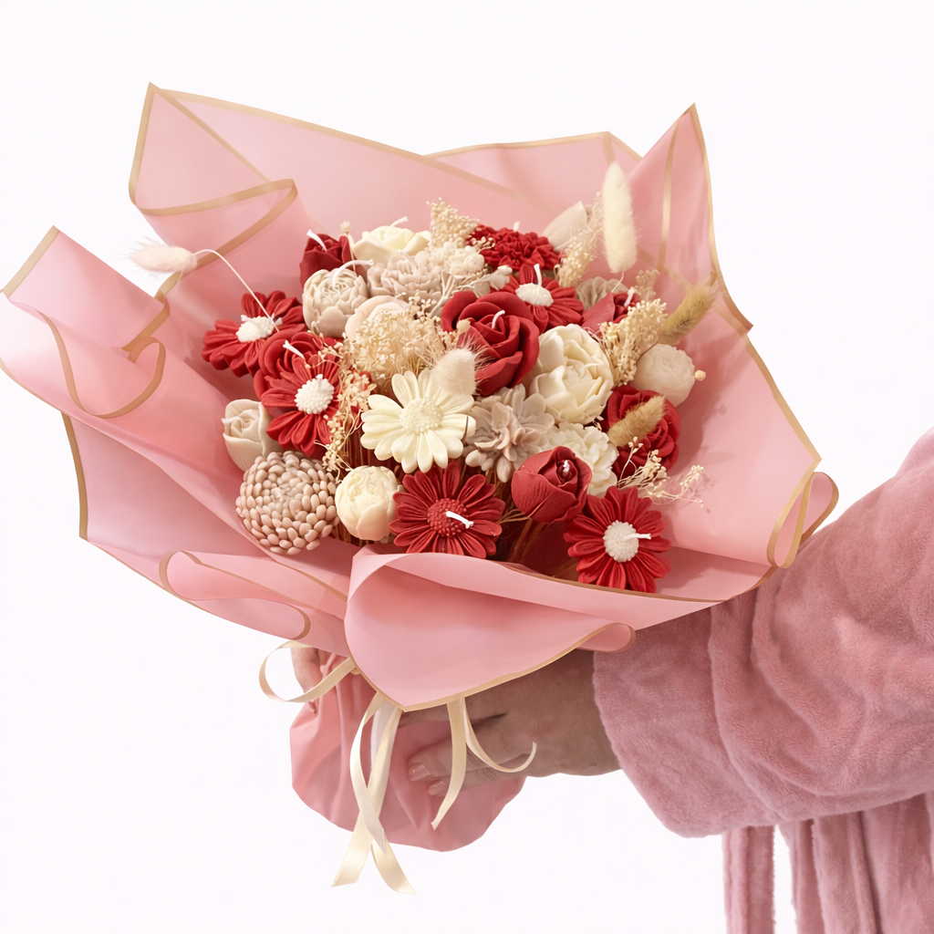 Detalle lateral del Ramo Amor Eterno con flores preservadas rojas y marfil, composición floral romántica y sofisticada