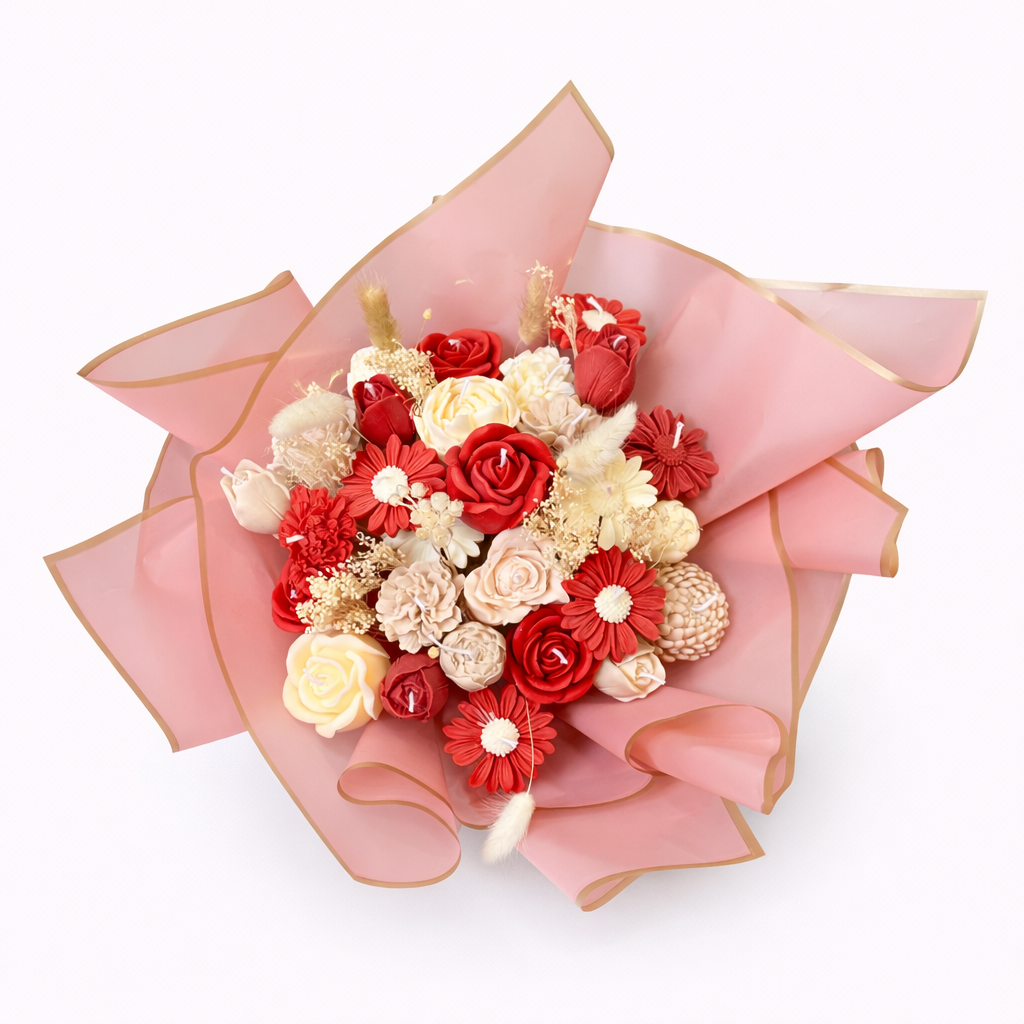 Vista superior del Ramo Amor Eterno con flores preservadas en tonos rojos y crema, diseño floral armonioso y elegante