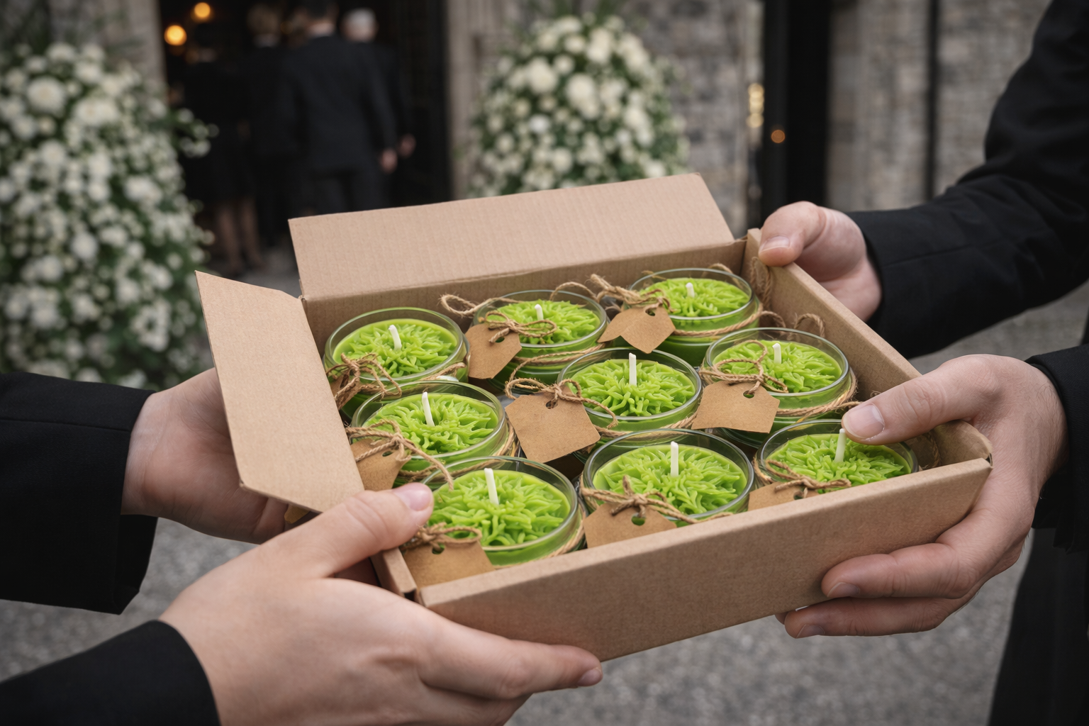 Caja con velas conmemorativas verdes preparadas como recuerdos para asistentes a funeral, presentación cuidada y elegante de obsequios de despedida.