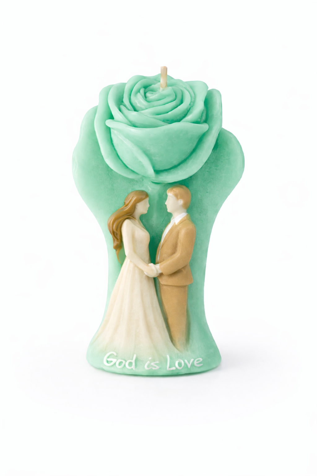 ela decorativa de boda en tono verde esmeralda con figura de pareja entrelazada bajo rosa tallada, fabricada en cera natural ecológica, diseño escultórico contemporáneo con mensaje “God is Love”, regalo sofisticado para novios y celebraciones especiales.