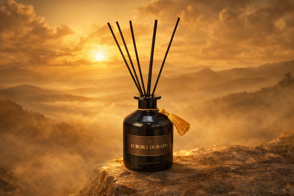 Difusor de fragancia de lujo Aura Dorada en entorno de amanecer dorado evocando calidez, luz y sofisticación