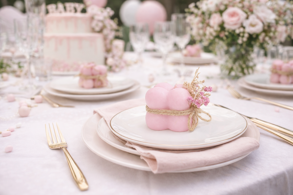 Vela decorativa artesanal en tono rosa empolvado, presentada como detalle de mesa en celebración elegante, diseño floral delicado y estética romántica de lujo para eventos especiales.