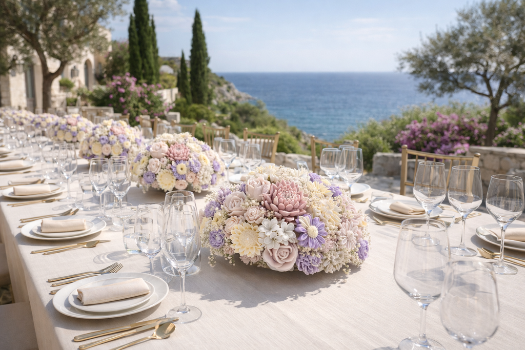 Centro floral artesanal de velas en tonos lavanda empolvado y blanco perla sobre mesa imperial en boda mediterránea de lujo frente al mar, decoración elegante y sofisticada de día.