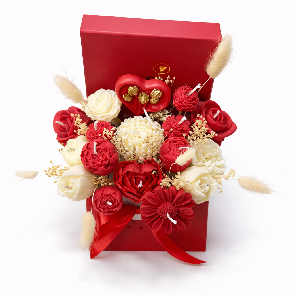 Centro floral de cera Infinito en caja corazón con flores de cera rojas y blancas, detalle romántico elegante para regalar a la pareja
