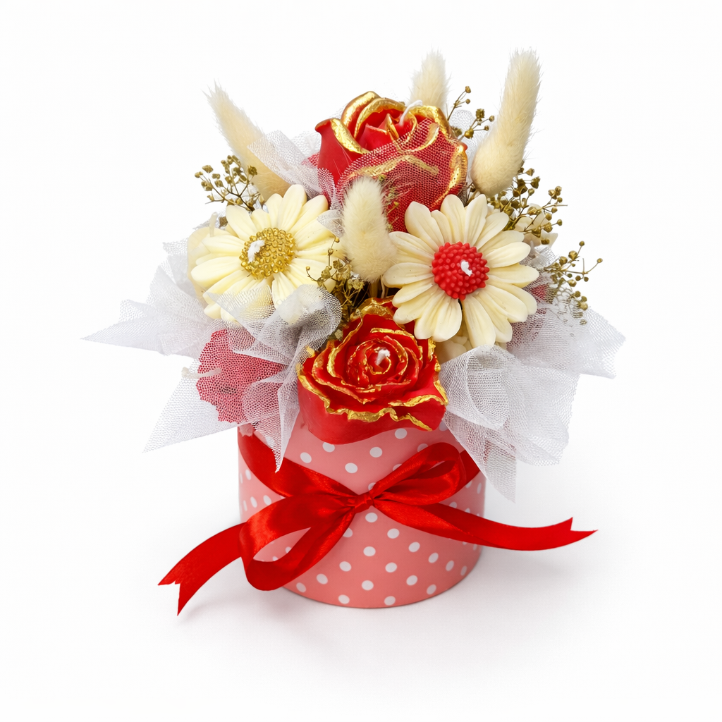 Centro Latido con arreglo floral artesanal en tonos rojos y marfil, flores decorativas en caja redonda rosa con lunares y lazo rojo, sobre fondo blanco