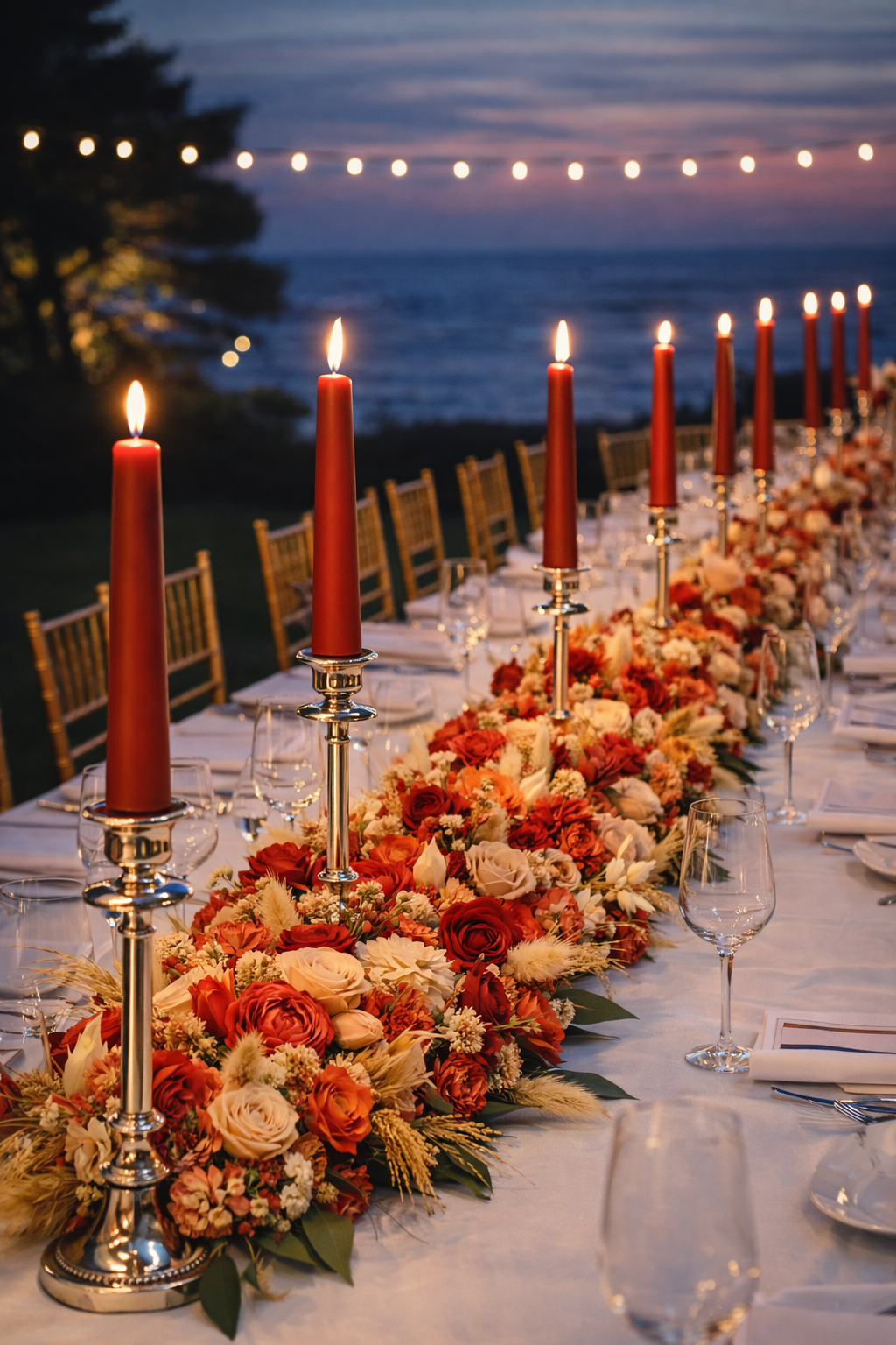 Velas cónicas Áurea de lujo en color carmesí sobre candelabros, dispuestas en una mesa de banquete nupcial al atardecer junto al mar, con arreglos florales elegantes y estética de boda exclusiva.