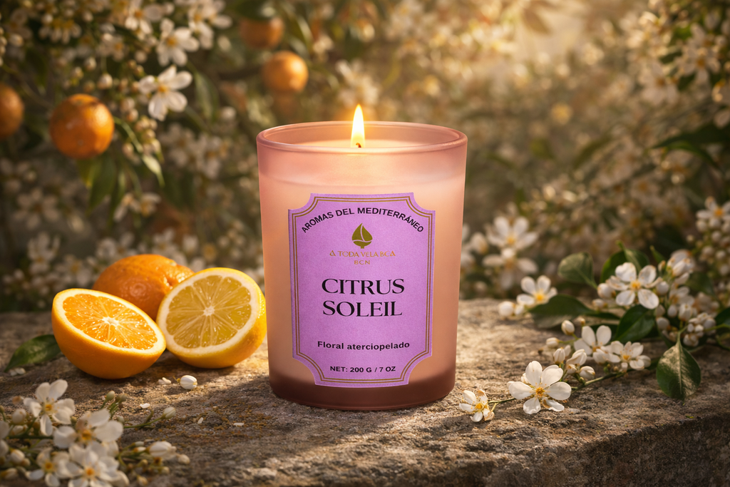 Vela aromática de lujo Citrus Soleil encendida con inspiración mediterránea, notas de limón siciliano y maderas nobles en una escena cálida y luminosa.