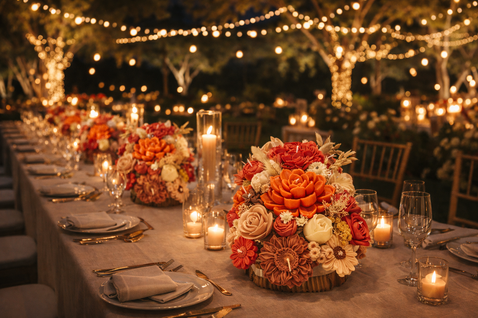 Centro floral de velas en tonos terracota, nude y marfil sobre mesa de boda exterior iluminada con velas y guirnaldas, estilo elegante y sofisticado para eventos nocturnos.