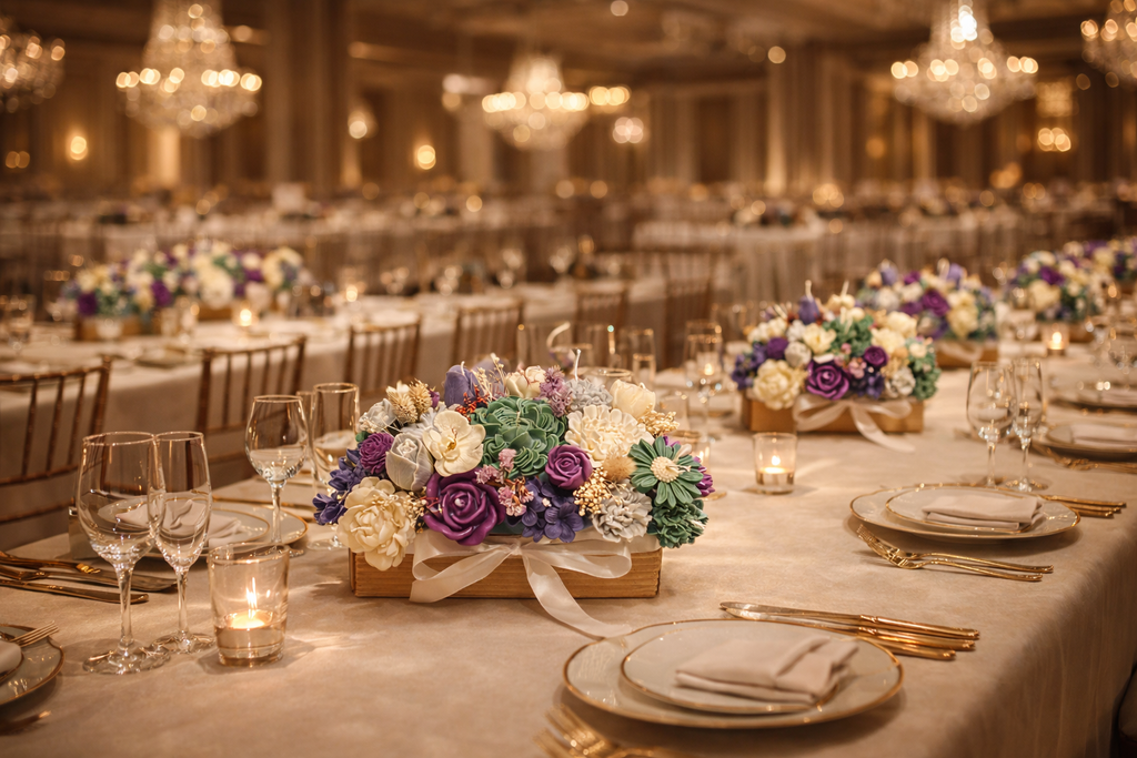 Centro de mesa con velas florales en tonos berenjena, verde hiedra y blanco hueso en salón de boda de lujo – tendencia 2026