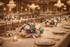 Centro de mesa con velas florales en tonos berenjena, verde hiedra y blanco hueso en salón de boda de lujo – tendencia 2026