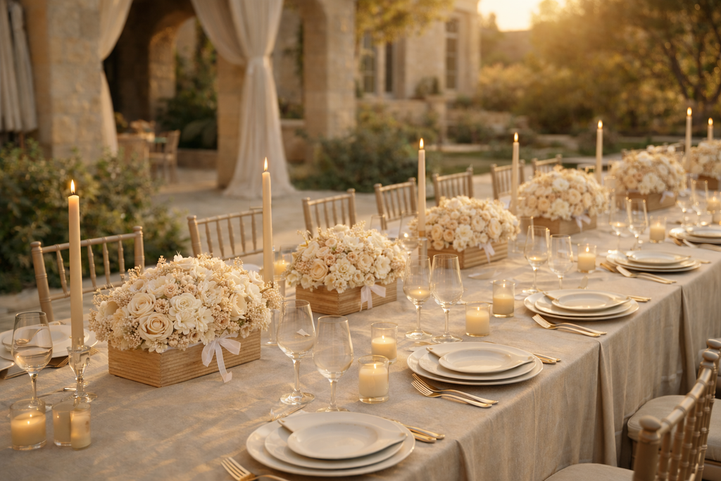Centro floral de velas Sable Nude Couture en boda exterior de lujo al atardecer, mesa imperial con mantelería beige, velas altas marfil y decoración elegante en tonos nude y crema.
