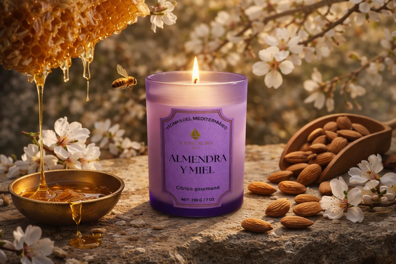 Vela aromática de lujo Almendra y Miel encendida entre almendras naturales y miel, aroma cálido y mediterráneo con estética editorial y sensorial.