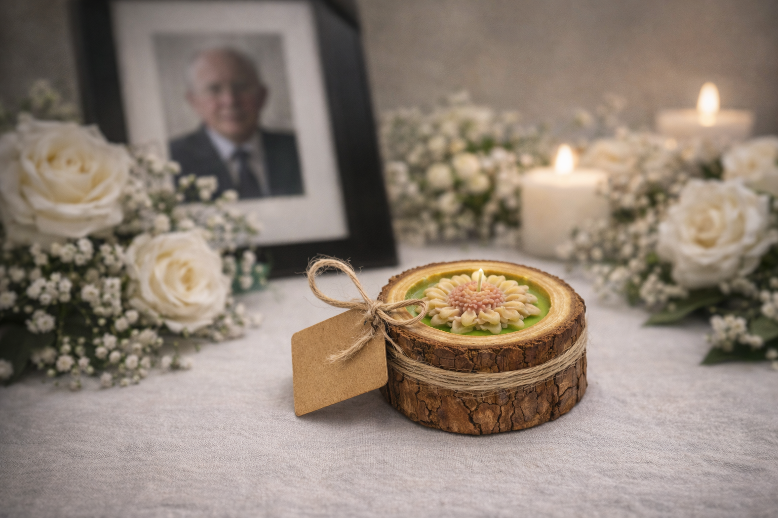 Vela conmemorativa de lujo como recordatorio funerario sobre mesa de homenaje con flores blancas y retrato difuminado, ambiente elegante y solemne.