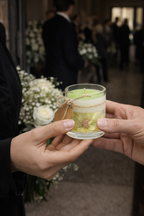 Recordatorio funerario de vela artesanal en vaso de vidrio con flor natural preservada, entregado en manos a la entrada de un funeral elegante con arreglos florales blancos.