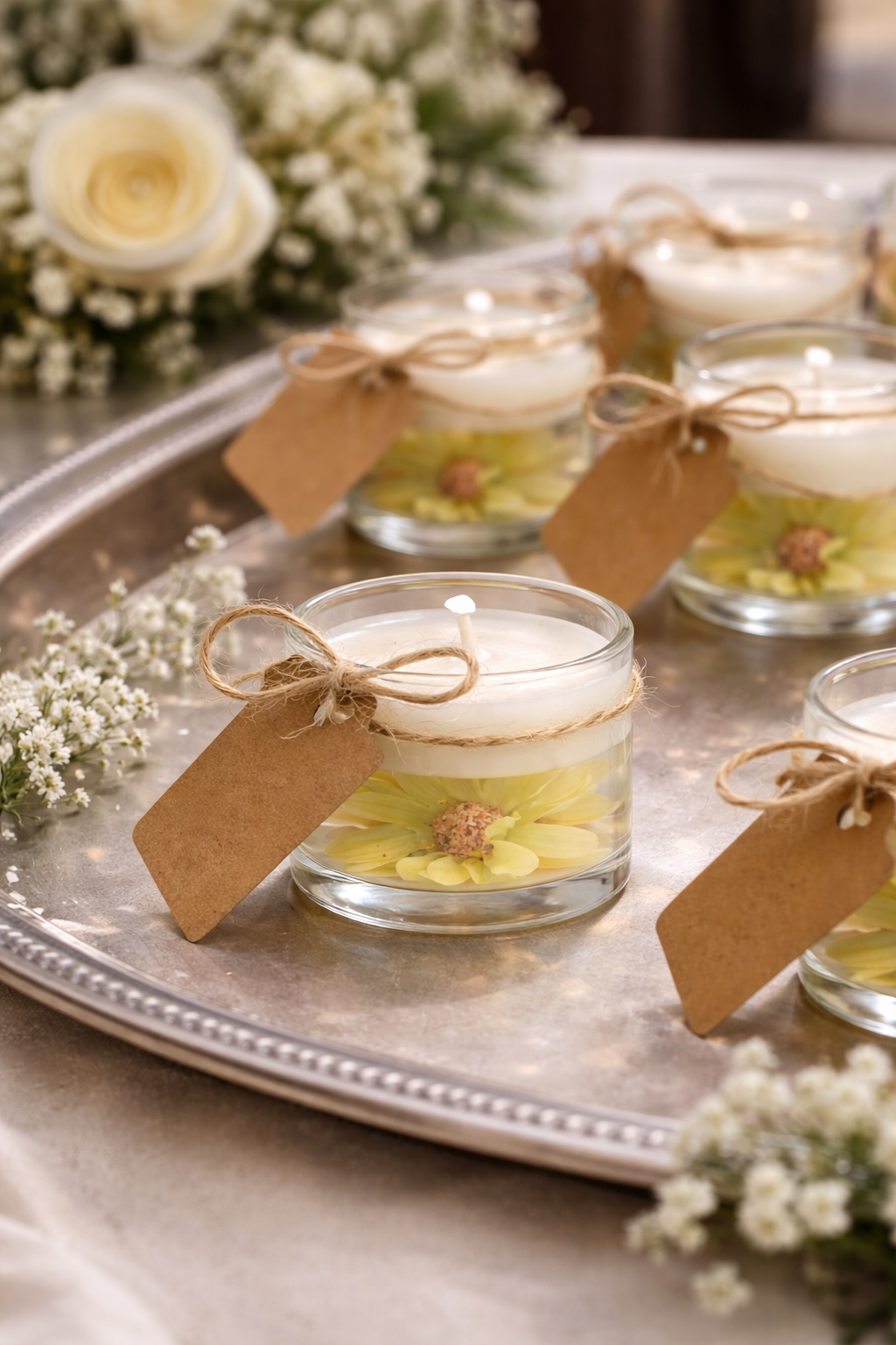 Velas recordatorio para funeral presentadas sobre bandeja de plata, con flores blancas y etiquetas kraft, detalle de obsequios conmemorativos artesanales de estilo elegante.