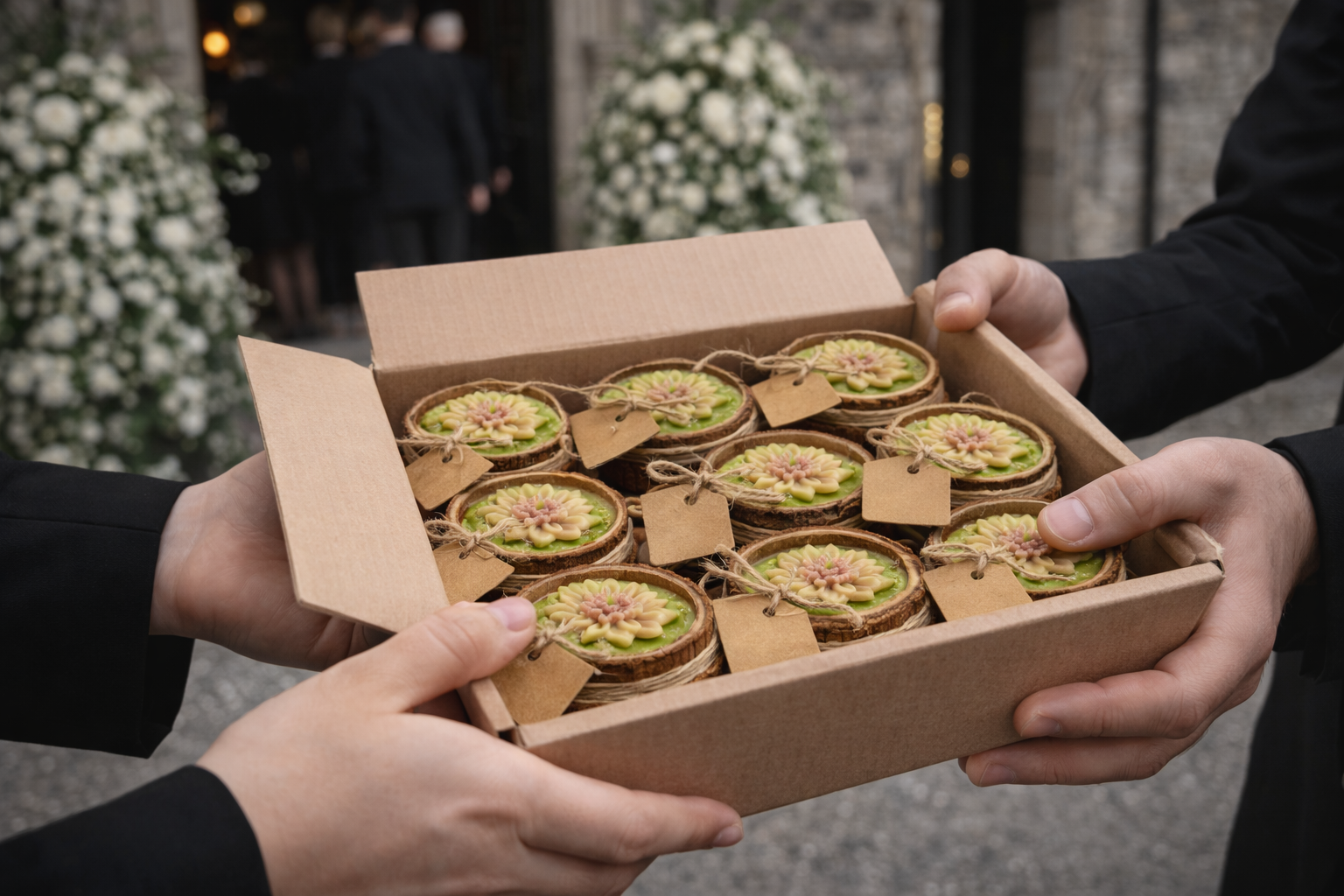 Caja con velas artesanales como recordatorios funerarios de lujo, detalles conmemorativos entregados a asistentes de ceremonia.