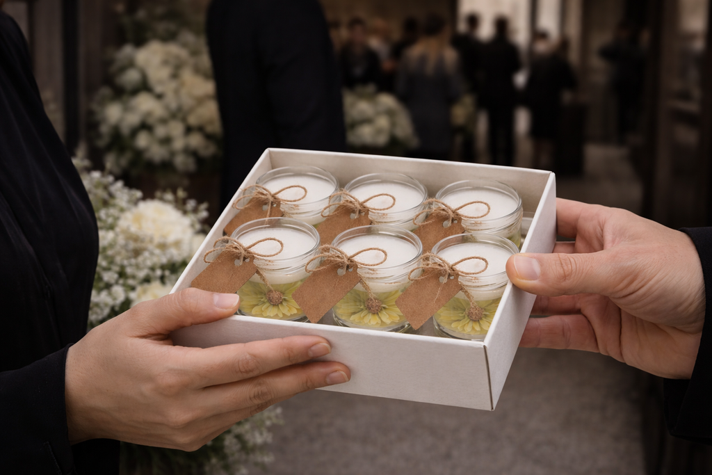 Caja con velas recordatorio funerarias artesanales en vasos de cristal, listas para entregar a los asistentes a una ceremonia, detalle de recuerdo con flor natural preservada.