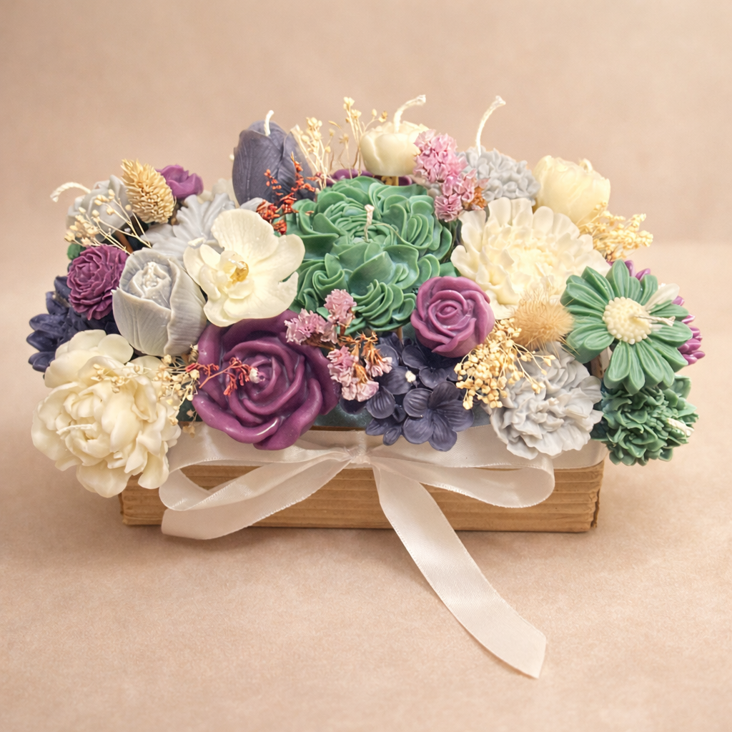 Centro floral de velas artesanales en verde bosque, berenjena elegante y gris humo para boda sofisticada
