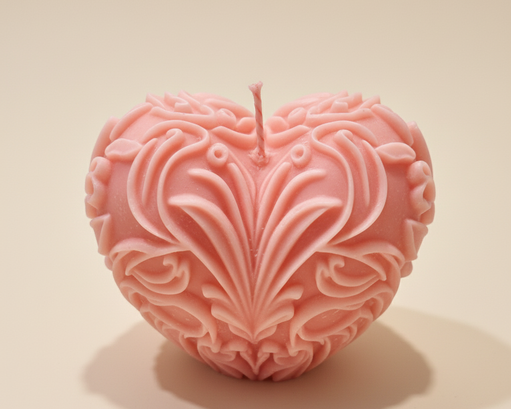 Vela decorativa con forma de corazón geométrico y facetado en color rojo suave, sobre un fondo beige claro.