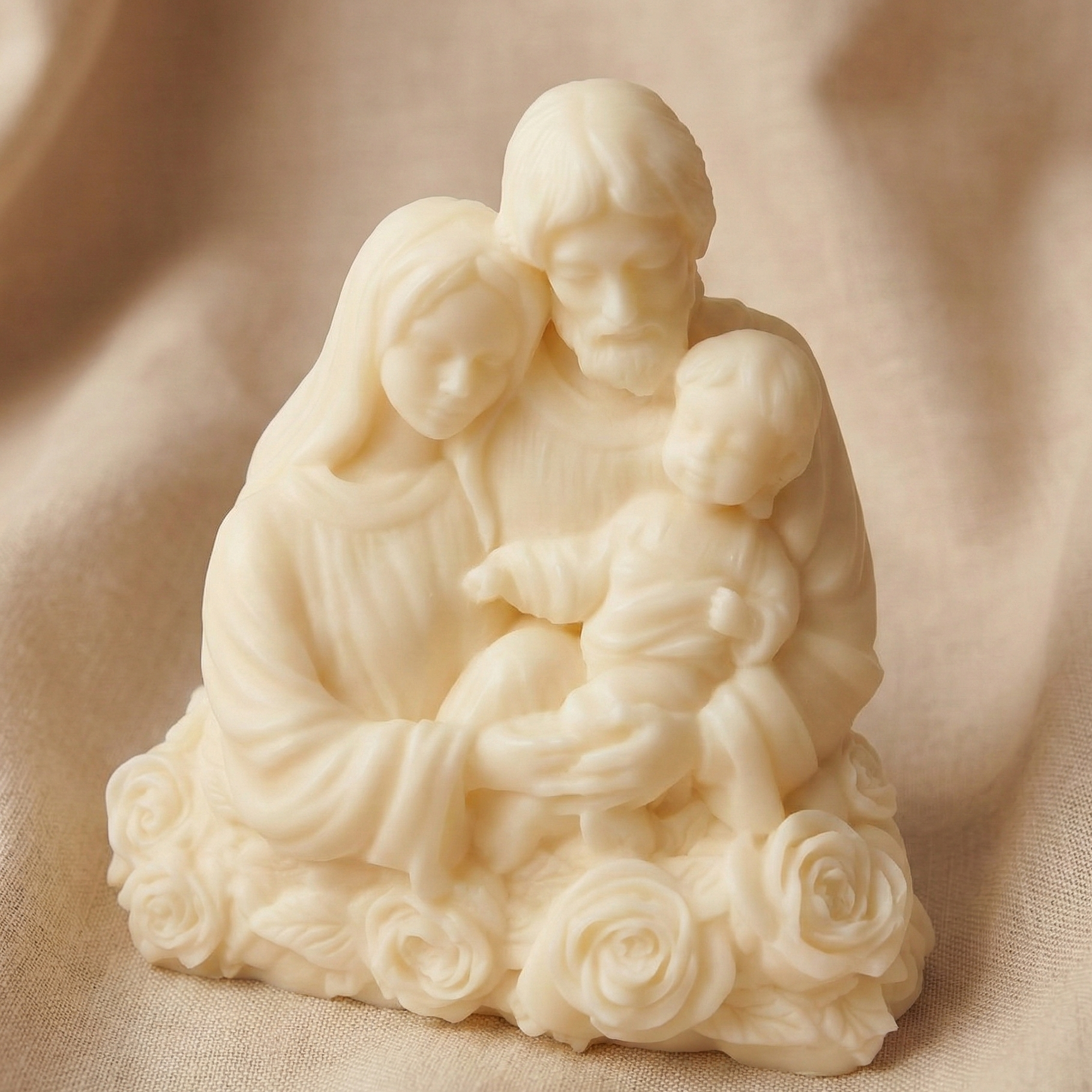Vela decorativa o figura de cera en color blanco roto con forma de la Sagrada Familia y base de rosas. Presentada sobre fondo textil neutro
