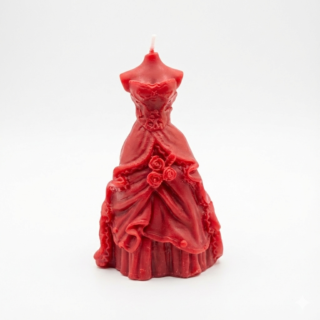 Vela decorativa con forma de vestido de fiesta en color rojo intenso. Ideal como recuerdo original para boda  o eventos de gala.