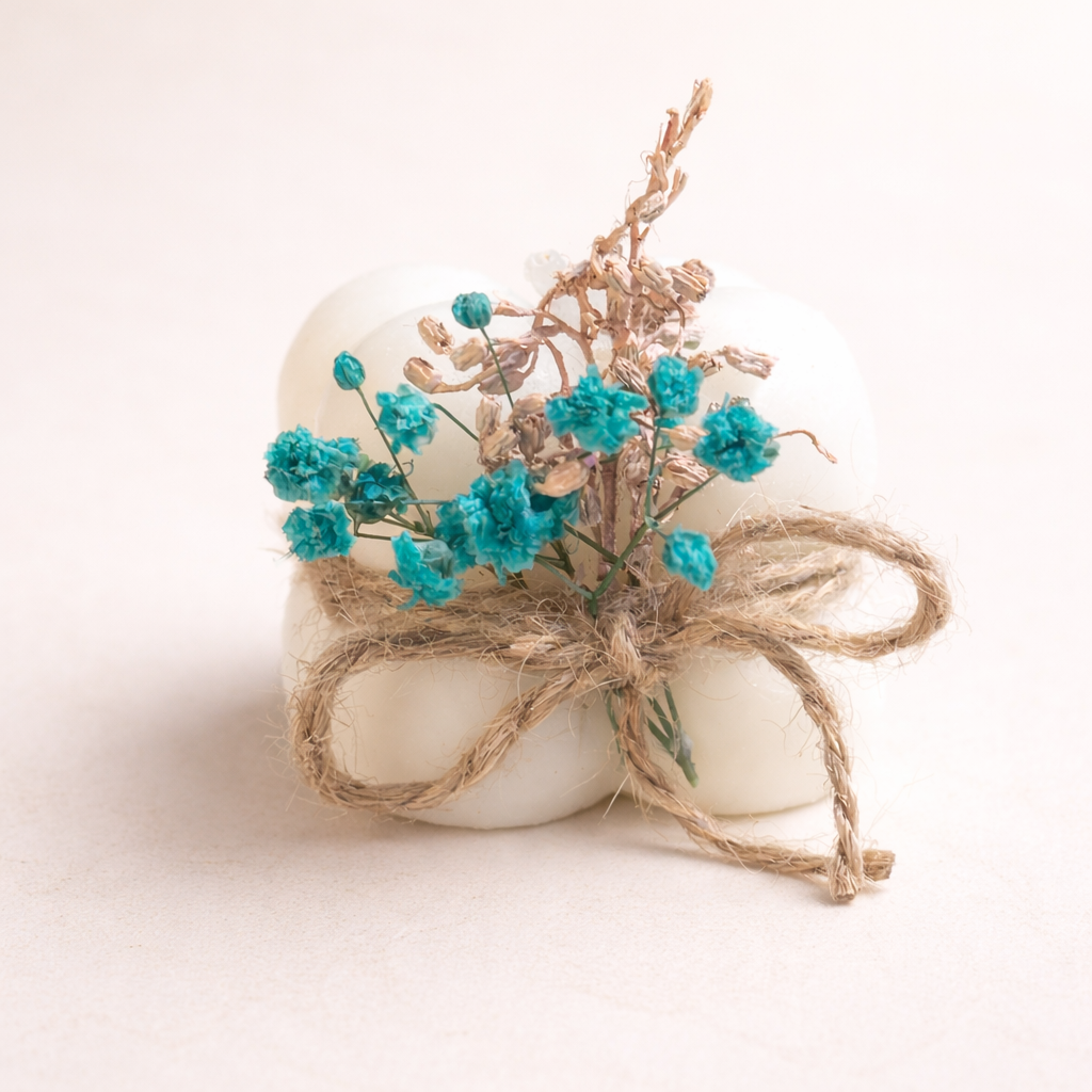 Vela decorativa de cera natural color marfil, adornada con flores secas y cuerda artesanal, fotografía de producto premium con estilo minimalista y sensibilidad editorial de revista de lujo.