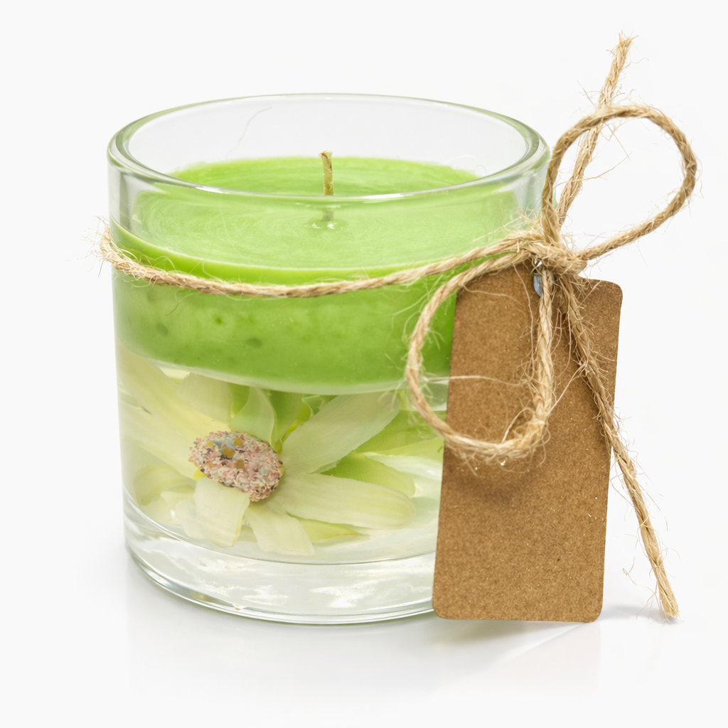 Vela recordatorio de funeral con cera verde y flor natural encapsulada en vidrio, detalle de obsequio conmemorativo artesanal de alta gama.