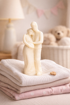 Vela decorativa artesanal en forma de pareja abrazada colocada sobre textiles suaves en habitación infantil, símbolo de amor y protección, fotografía lifestyle de lujo con atmósfera cálida y delicada.