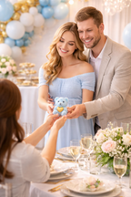 Pareja entregando una vela decorativa de osito azul con corazón dorado durante una celebración elegante, fotografía lifestyle de lujo que simboliza amor, ternura y regalo emocional.