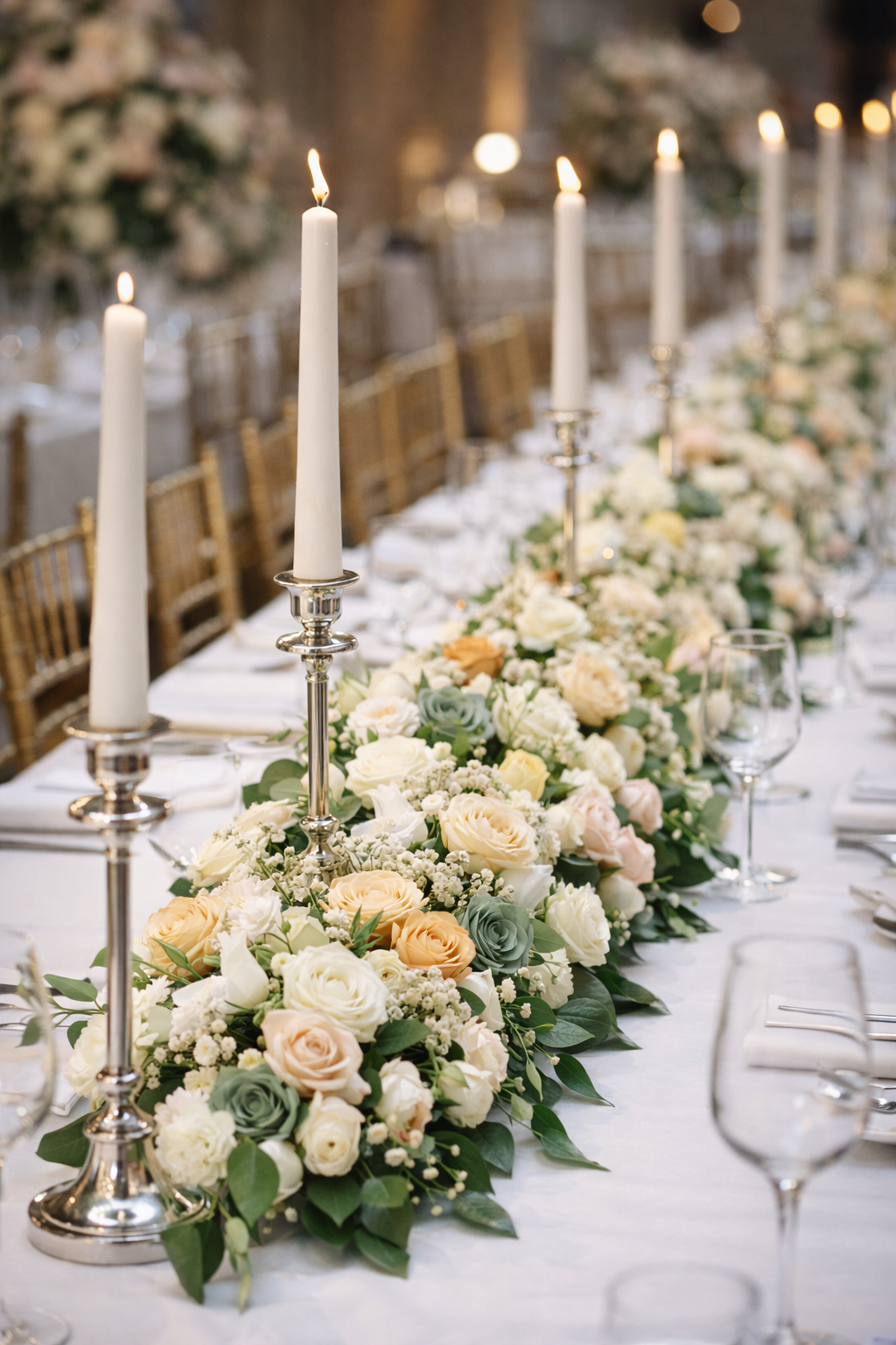 Velas cónicas AUREA MAGNA blancas en mesa elegante para eventos y celebraciones de lujo, con llama limpia y diseño artesanal