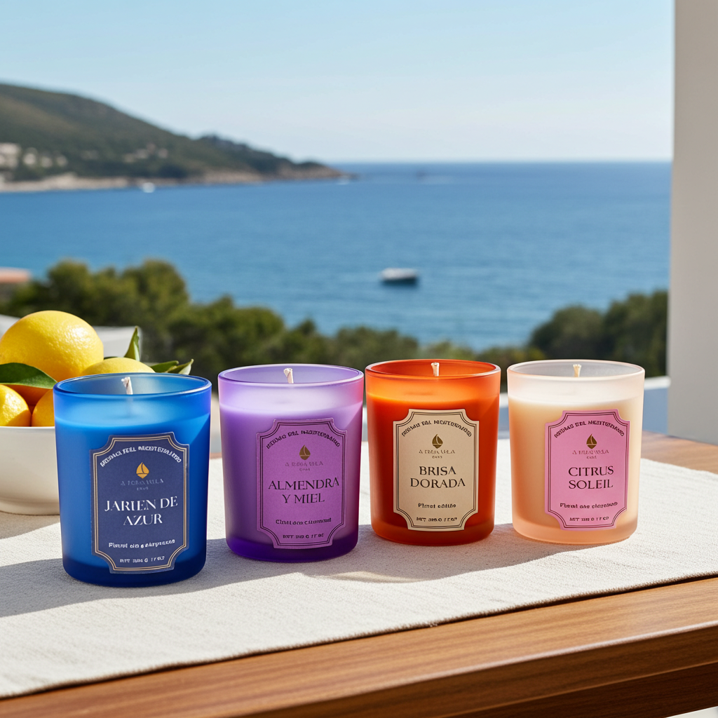 Velas aromáticas de lujo colección Del Mediterráneo: Jardín de Azur, Almendra y Miel, Brisa Dorada y Citrus Soleil, en una terraza frente al mar en un día soleado.