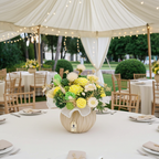 Arreglo floral de cera natural con rosas amarillas y verdes en base decorativa.