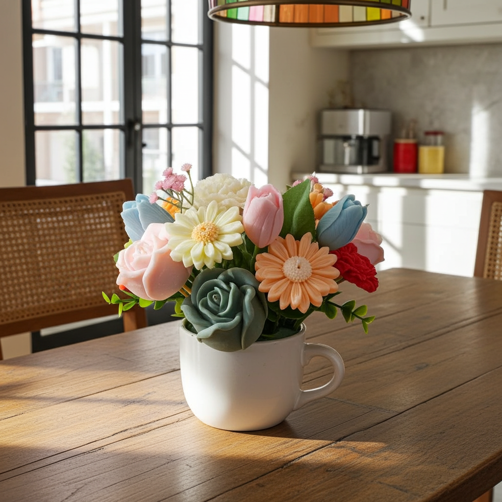 "Centro de velas florales artesanales Beirut en una taza de cerámica, con flores de cera de colores vibrantes.