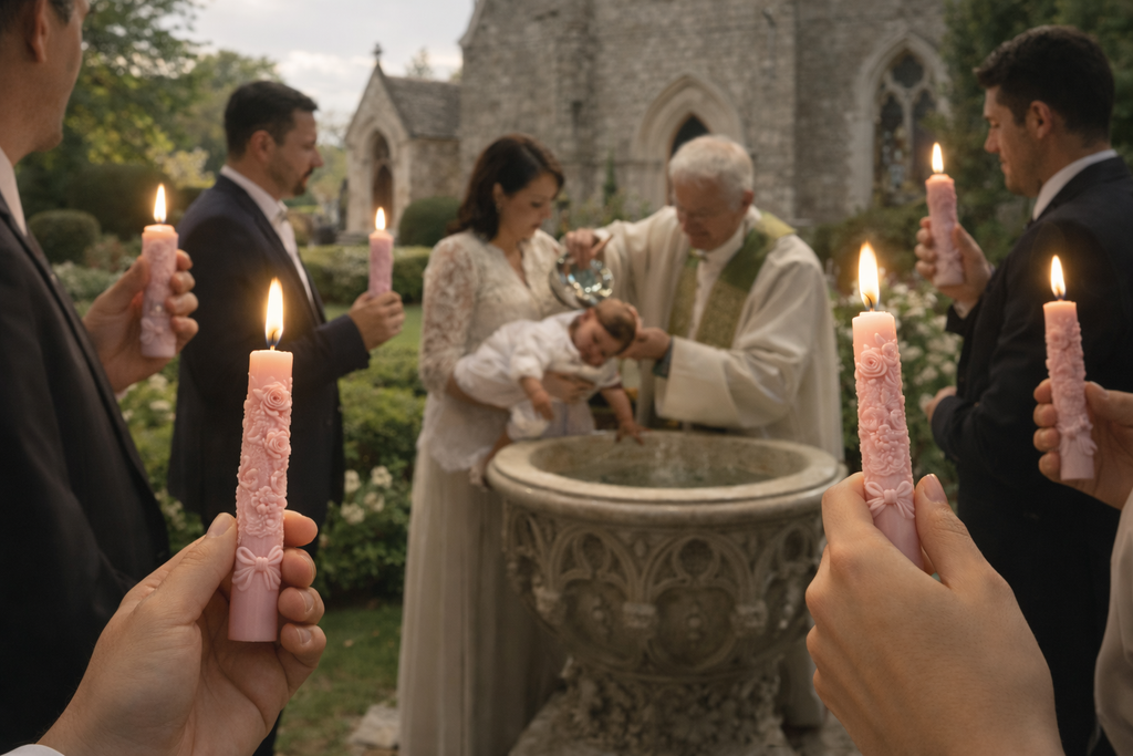 Ceremonia de bautizo al aire libre frente a iglesia histórica, padrinos sosteniendo velas artesanales rosas con relieve floral mientras el sacerdote bautiza al bebé, escena emotiva y elegante de tradición y lujo.