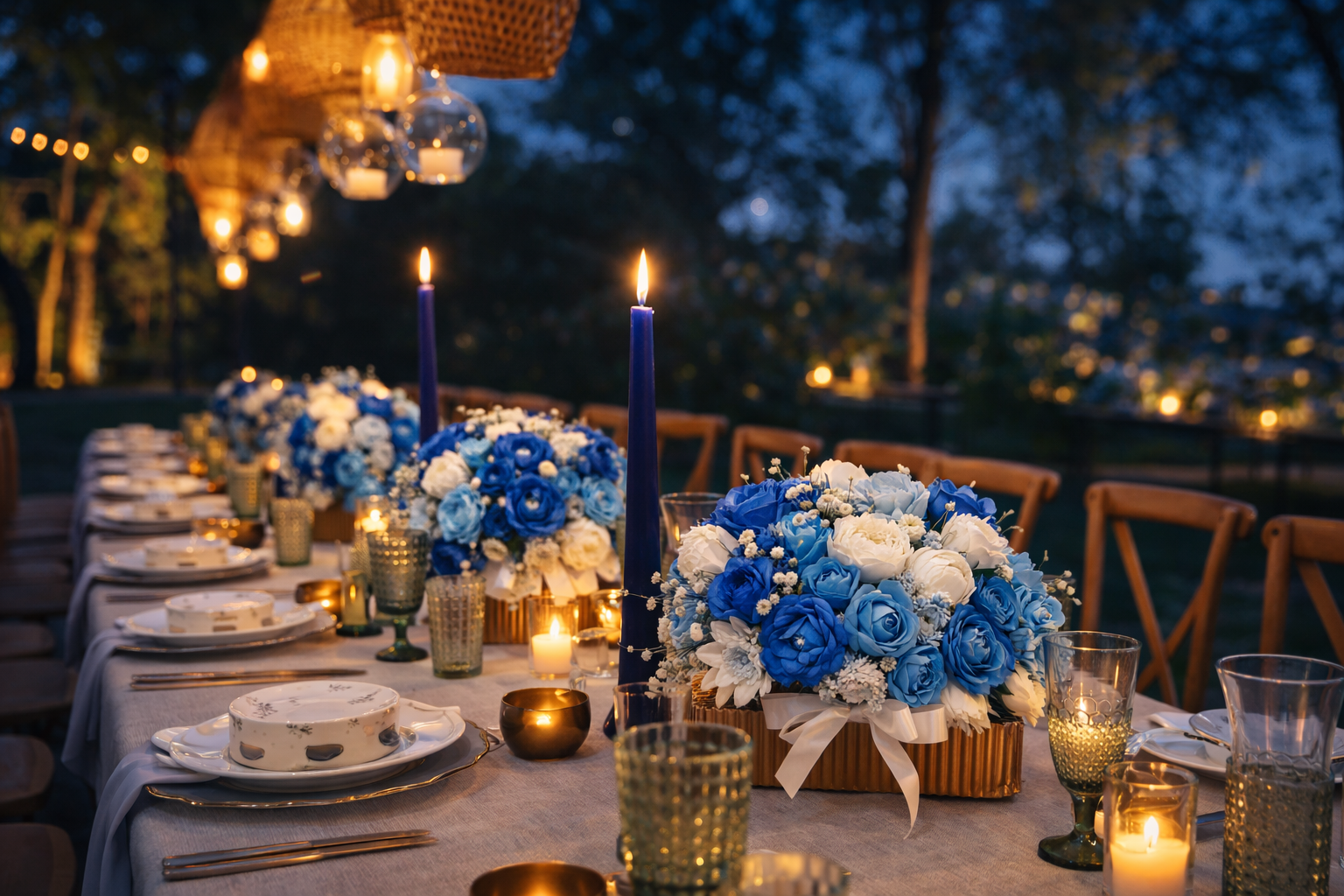 Centro floral de velas artesanales en tonos azul noche y blanco marfil sobre mesa imperial en boda de lujo al aire libre, iluminación cálida y ambiente romántico nocturno.